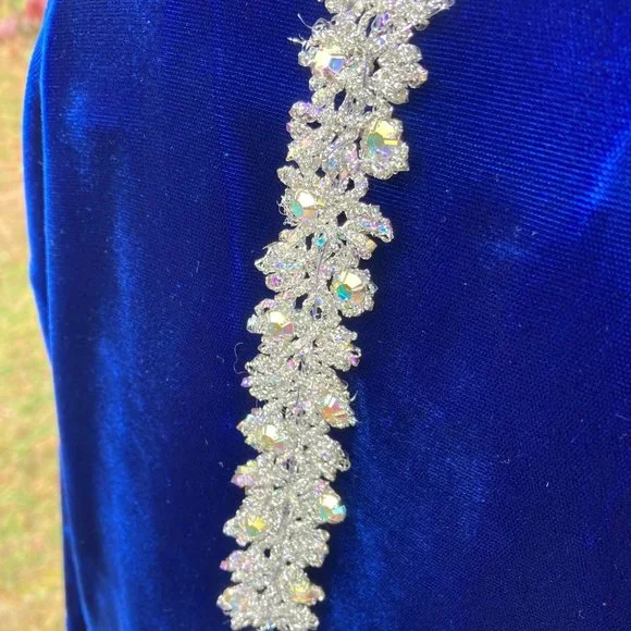 vintage 70s dress 1970s long sleeve velvet  deep blue rhinestone glitter | S-M | - Picture 5 of 9